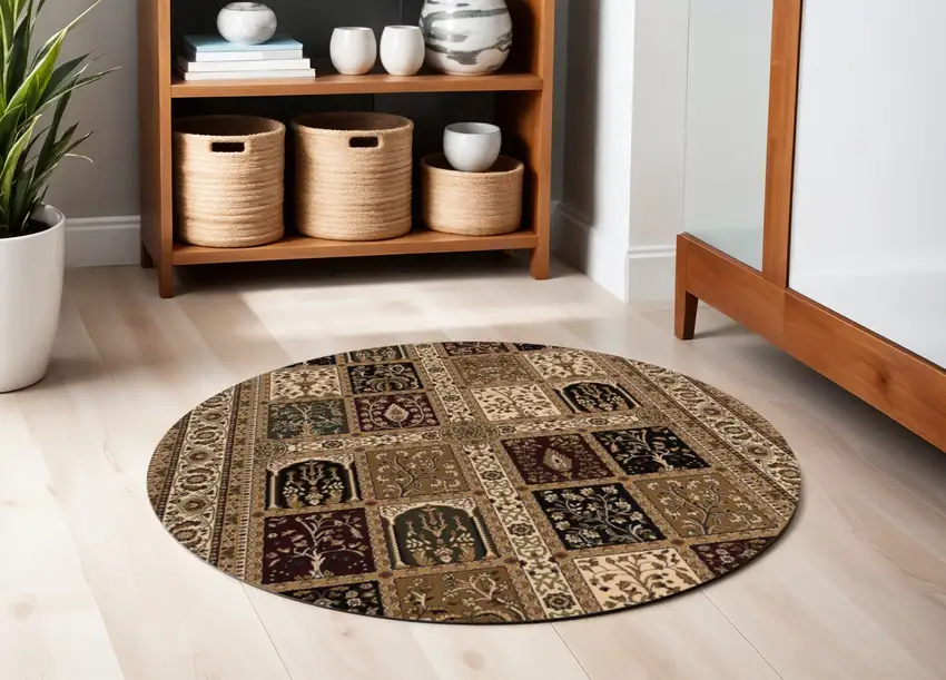 5' Cream Round Oriental Power Loom Area Rug Photo 5