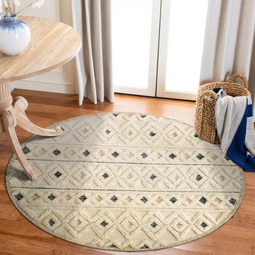 6' Round Cream and Blue Striped Diamonds Area Rug Photo 7