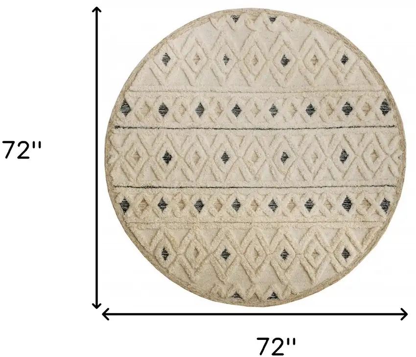 6' Round Cream and Blue Striped Diamonds Area Rug Photo 9