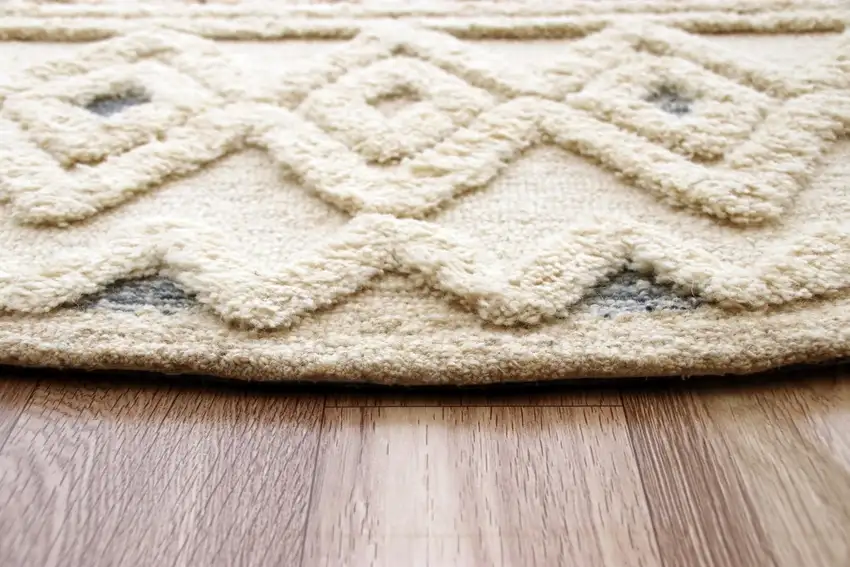 6' Round Cream and Blue Striped Diamonds Area Rug Photo 5