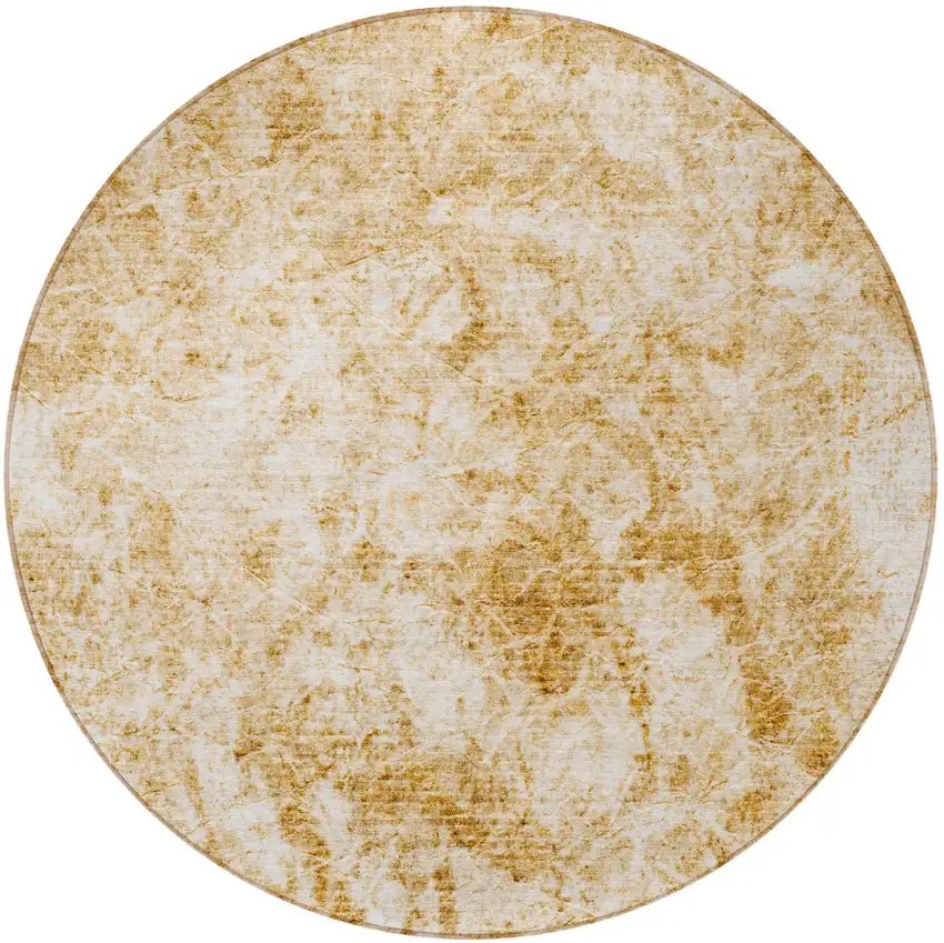 Cream and Gold Round Abstract Washable Non Skid Indoor Outdoor Area Rug Photo 5