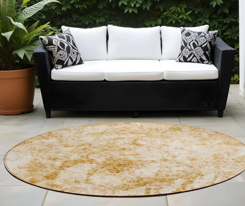 Cream and Gold Round Abstract Washable Non Skid Indoor Outdoor Area Rug Photo 1
