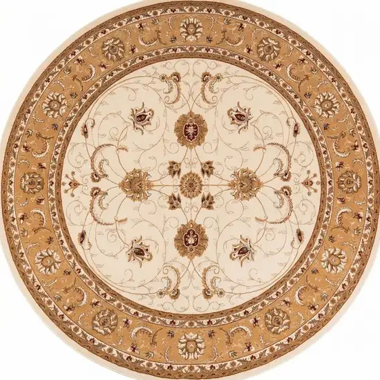 5' Beige and Ivory Round Oriental Power Loom Area Rug Photo 2