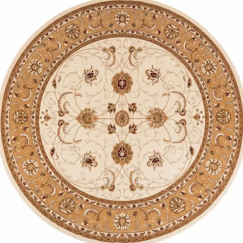 5' Beige and Ivory Round Oriental Power Loom Area Rug Photo 2