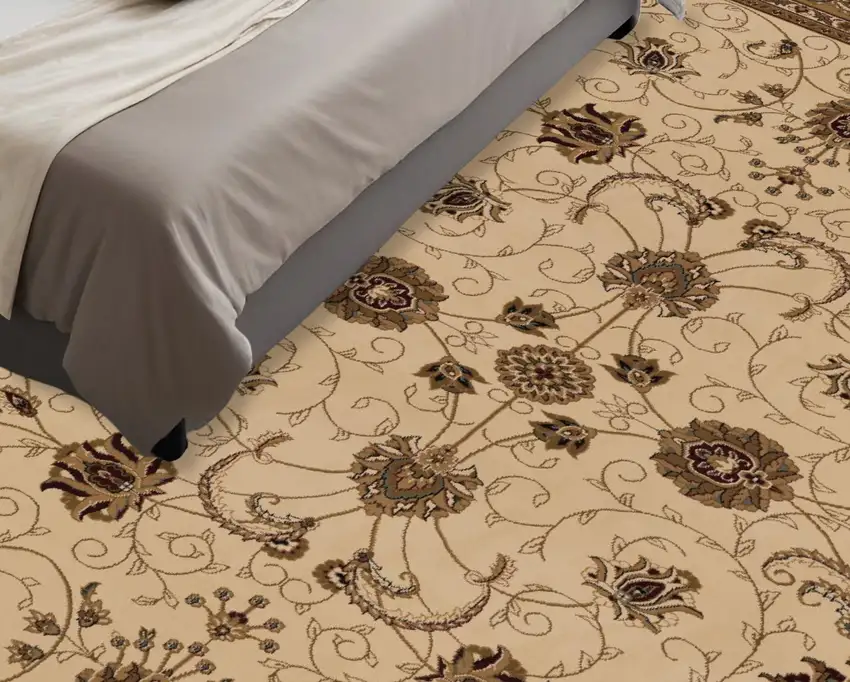 5' Beige and Ivory Round Oriental Power Loom Area Rug Photo 1