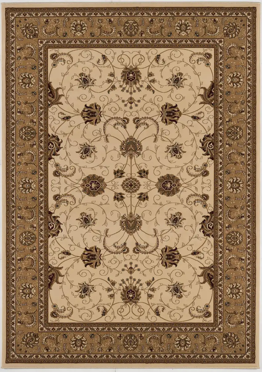 5' Round Cream and Tan Ornate Border Area Rug Photo 4