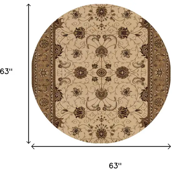 5' Beige and Ivory Round Oriental Power Loom Area Rug Photo 3