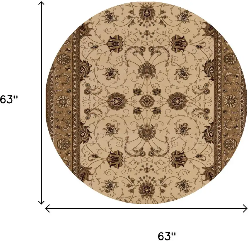 5' Beige and Ivory Round Oriental Power Loom Area Rug Photo 3