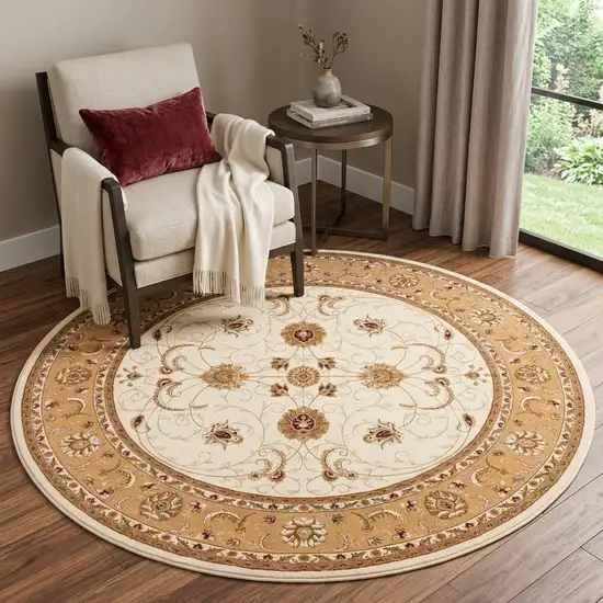 5' Beige and Ivory Round Oriental Power Loom Area Rug Photo 1