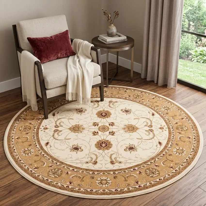 5' Beige and Ivory Round Oriental Power Loom Area Rug Photo 1