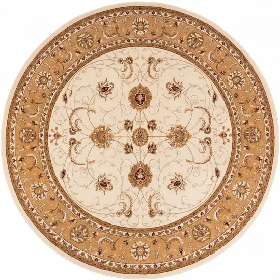 5' Beige and Ivory Round Oriental Power Loom Area Rug Photo 2