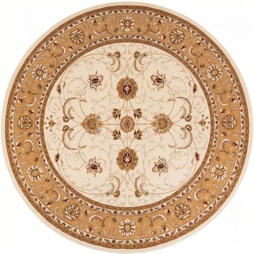 5' Beige and Ivory Round Oriental Power Loom Area Rug Photo 2