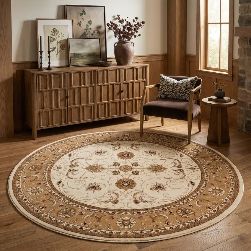 5' Beige and Ivory Round Oriental Power Loom Area Rug Photo 1
