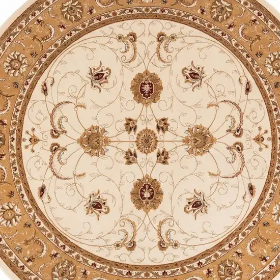 5' Beige and Ivory Round Oriental Power Loom Area Rug Photo 4