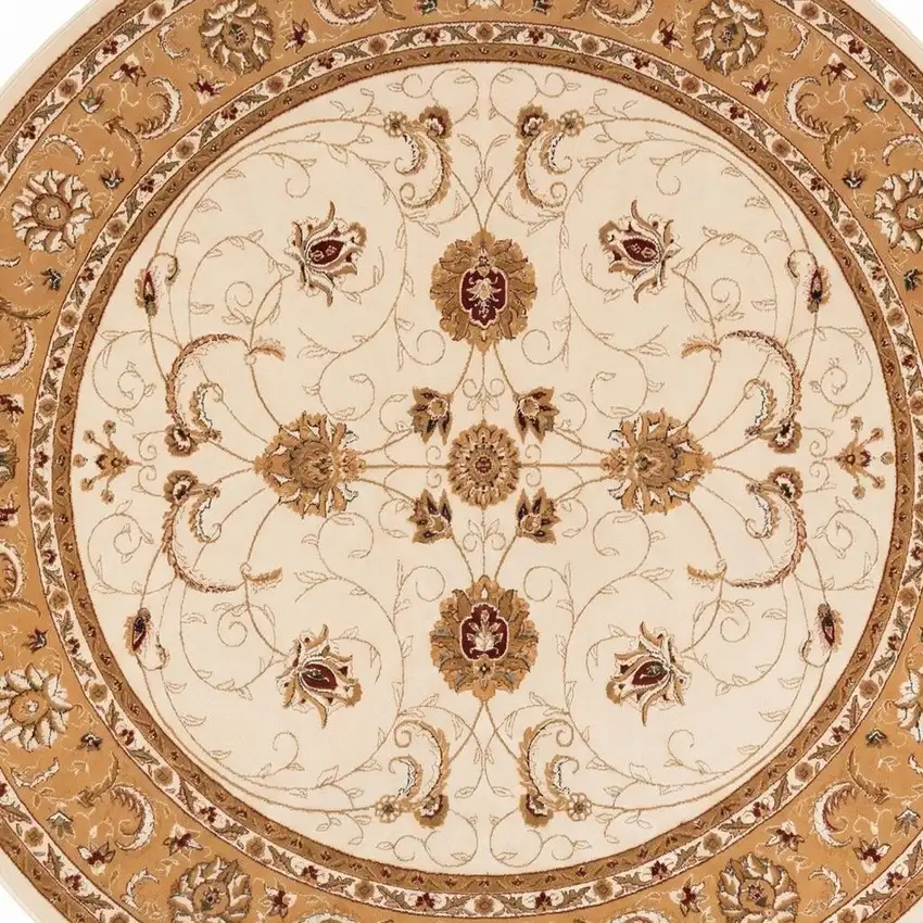 5' Beige and Ivory Round Oriental Power Loom Area Rug Photo 4