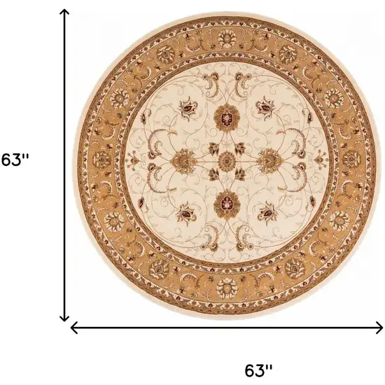 5' Beige and Ivory Round Oriental Power Loom Area Rug Photo 8