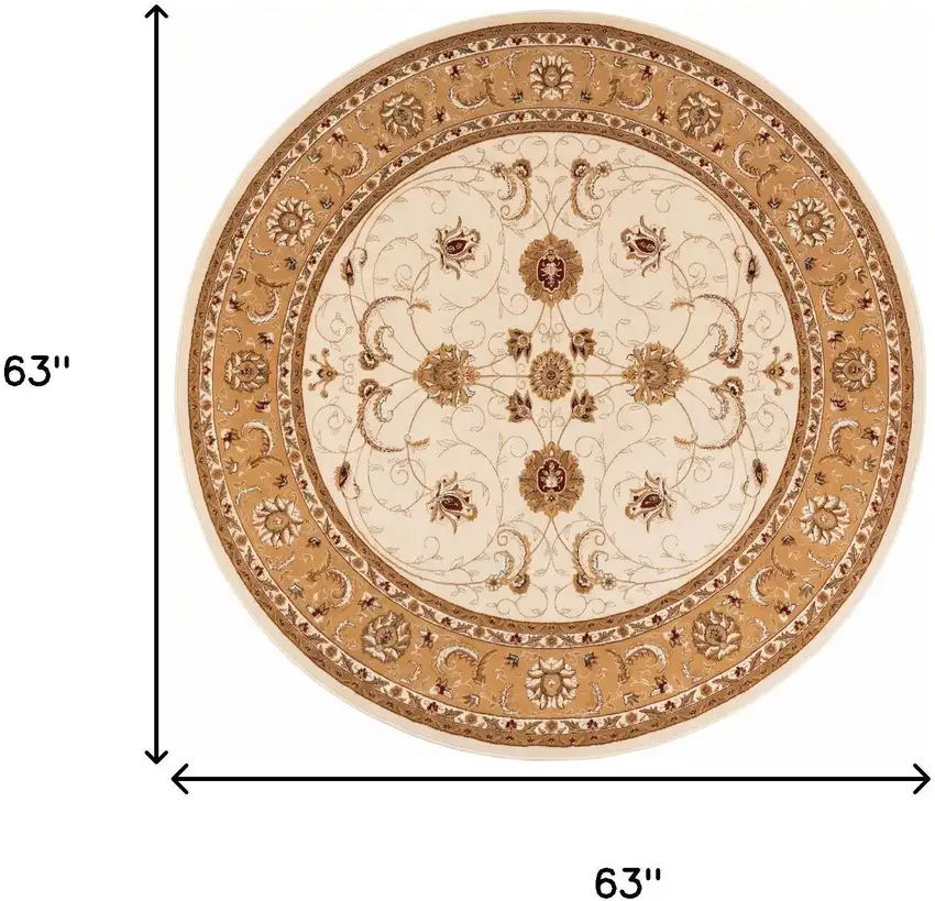 5' Beige and Ivory Round Oriental Power Loom Area Rug Photo 8