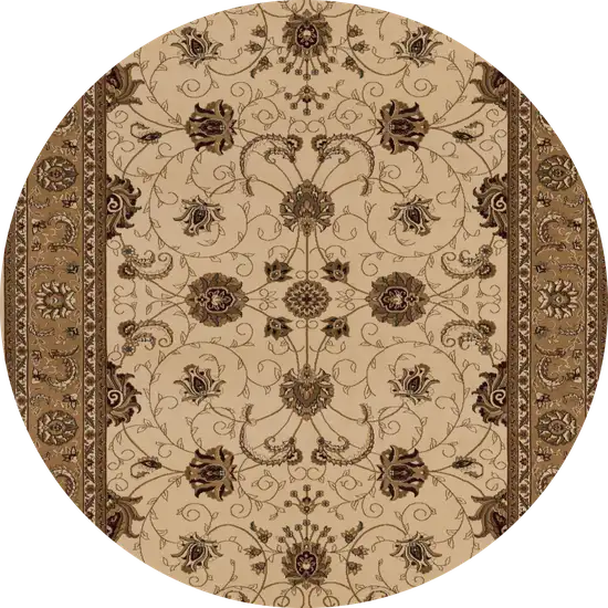 5' Beige and Ivory Round Oriental Power Loom Area Rug Photo 2