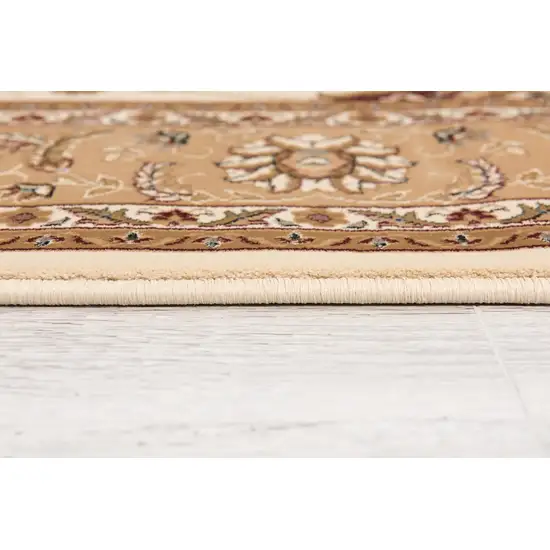 5' Beige and Ivory Round Oriental Power Loom Area Rug Photo 6