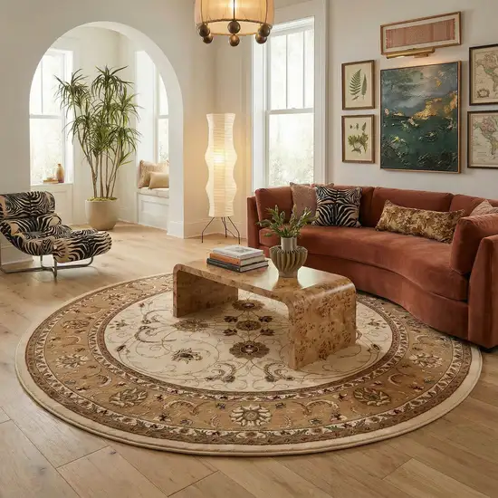 5' Beige and Ivory Round Oriental Power Loom Area Rug Photo 3
