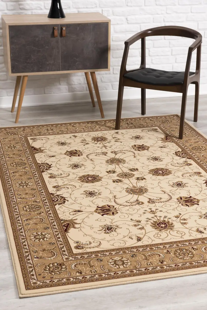 5' Round Cream and Tan Ornate Border Area Rug Photo 5