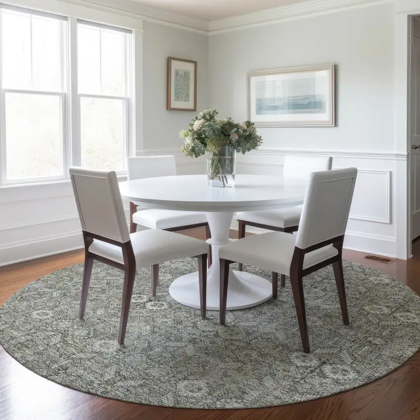 8' Round Cream and Tan Round Floral Washable Non Skid Indoor Outdoor Area Rug Photo 9