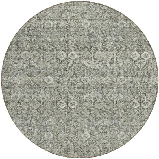 8' Round Cream and Tan Round Floral Washable Non Skid Indoor Outdoor Area Rug Photo 2