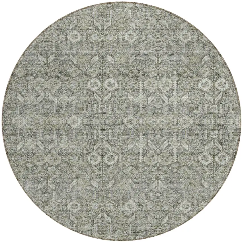 8' Round Cream and Tan Round Floral Washable Non Skid Indoor Outdoor Area Rug Photo 2