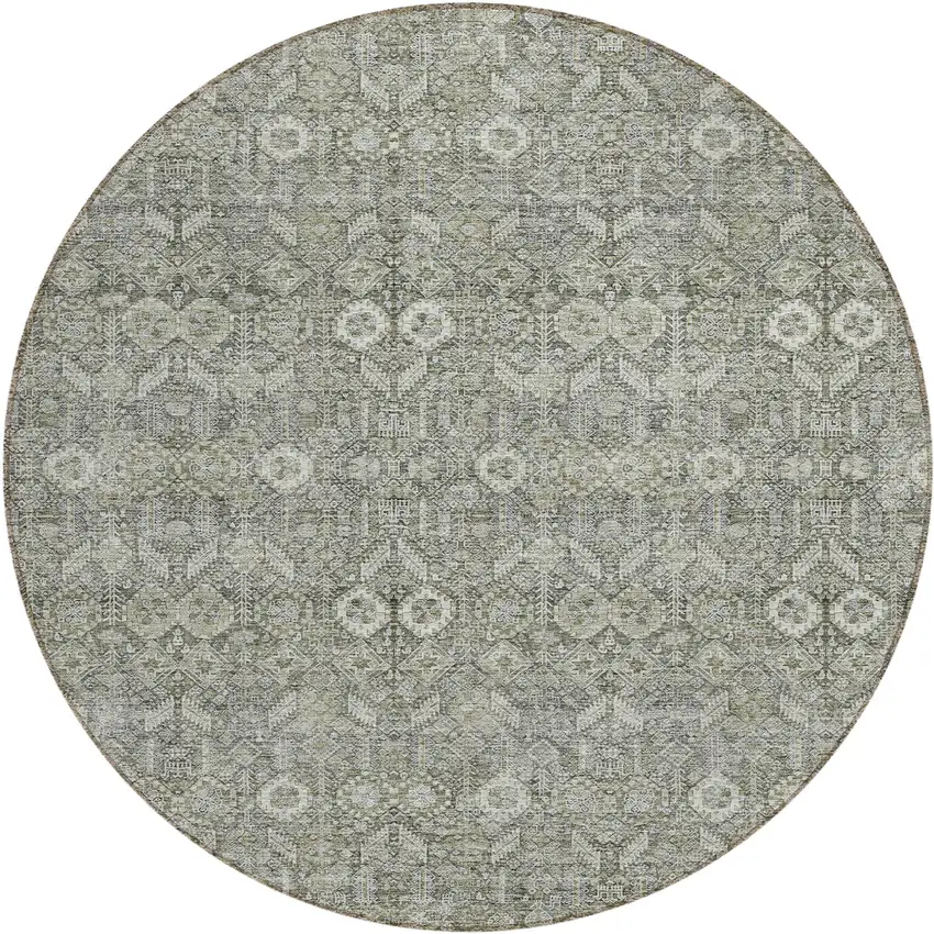 8' Round Cream and Tan Round Floral Washable Non Skid Indoor Outdoor Area Rug Photo 2