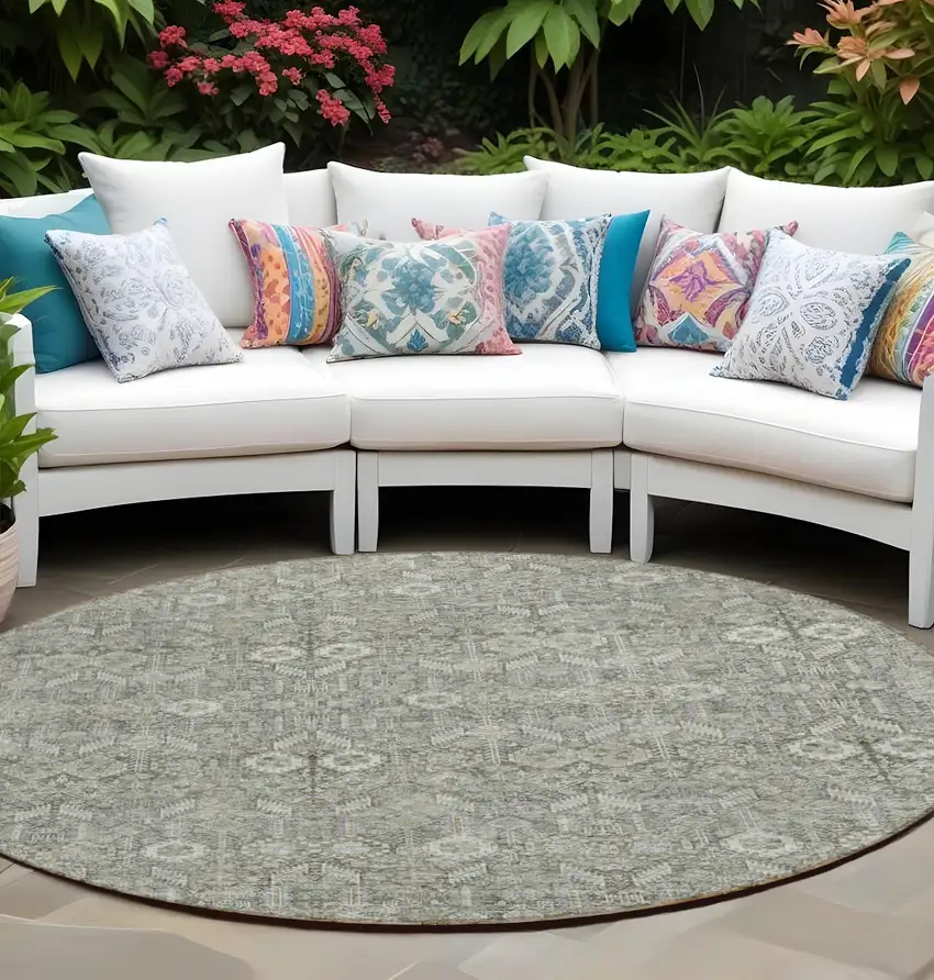 8' Round Cream and Tan Round Floral Washable Non Skid Indoor Outdoor Area Rug Photo 1