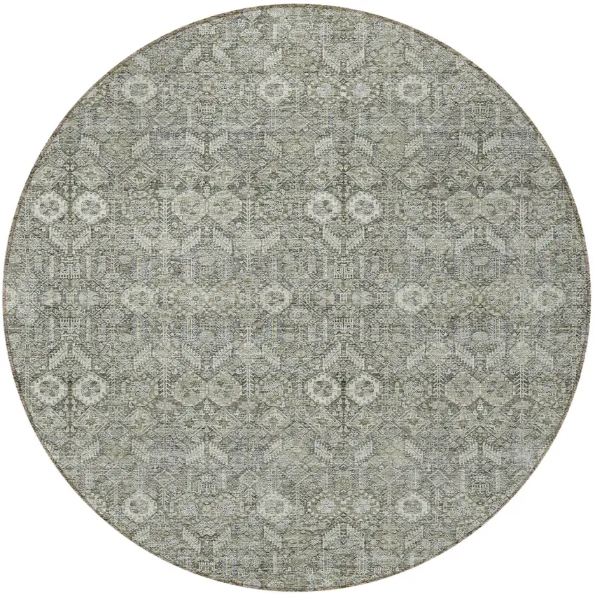 8' Round Cream and Tan Round Floral Washable Non Skid Indoor Outdoor Area Rug Photo 5