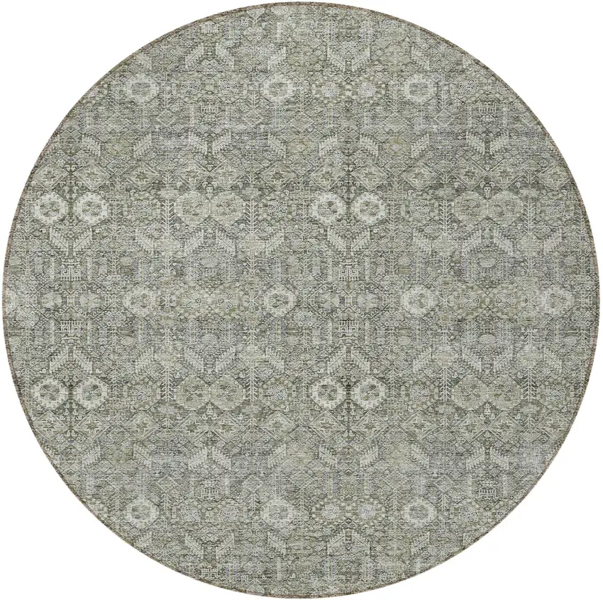 8' Round Cream and Tan Round Floral Washable Non Skid Indoor Outdoor Area Rug Photo 5
