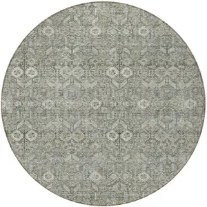 Photo of 8' Round Cream and Tan Round Floral Washable Non Skid Indoor Outdoor Area Rug