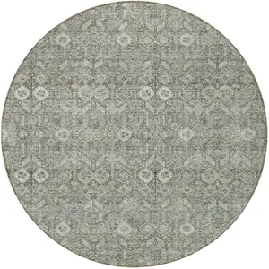 Photo of 8' Round Cream and Tan Round Floral Washable Non Skid Indoor Outdoor Area Rug