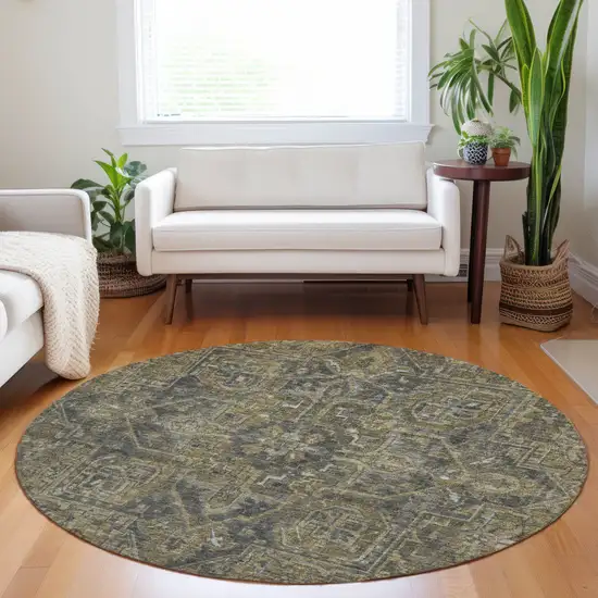 Dark Moss Green and Gray Round Oriental Washable Non Skid Indoor Outdoor Area Rug Photo 9