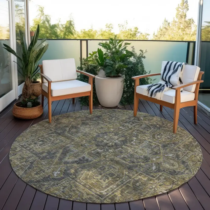 Dark Moss Green and Gray Round Oriental Washable Non Skid Indoor Outdoor Area Rug Photo 8