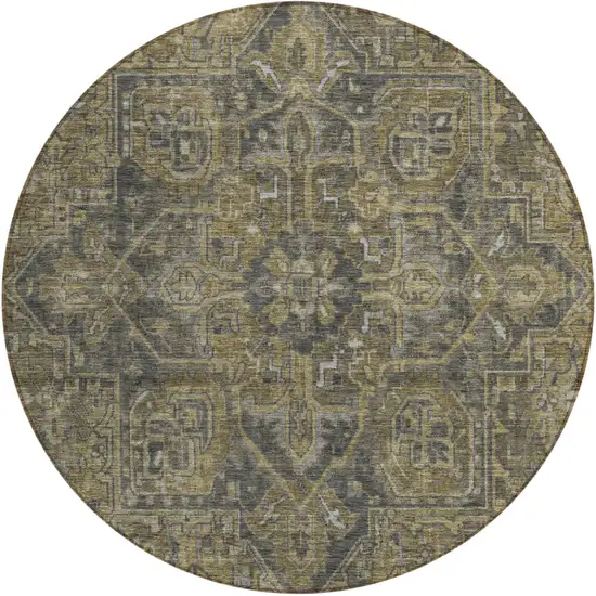Dark Moss Green and Gray Round Oriental Washable Non Skid Indoor Outdoor Area Rug Photo 2