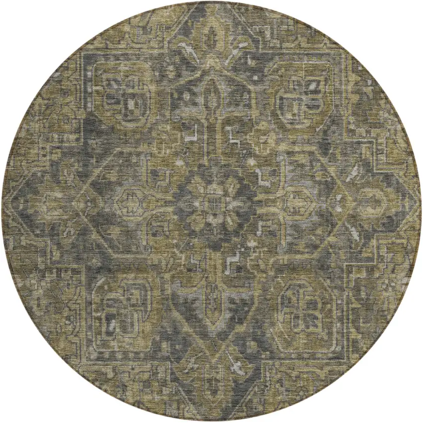 Dark Moss Green and Gray Round Oriental Washable Non Skid Indoor Outdoor Area Rug Photo 2