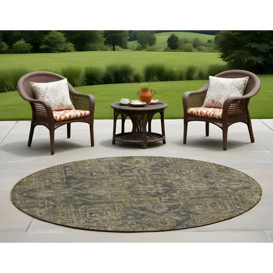 Dark Moss Green and Gray Round Oriental Washable Non Skid Indoor Outdoor Area Rug Photo 1