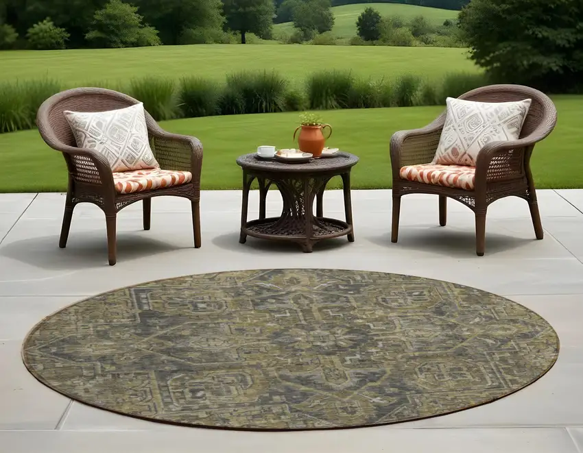 Dark Moss Green and Gray Round Oriental Washable Non Skid Indoor Outdoor Area Rug Photo 1
