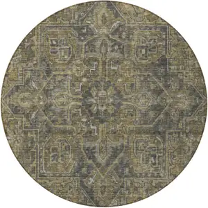 Photo of 8' Round Dark Moss Green and Gray Round Oriental Washable Non Skid Indoor Outdoor Area Rug