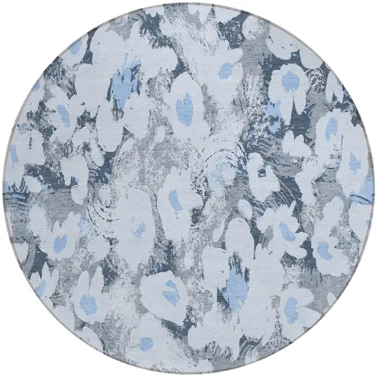 8' Round Denim Blue Round Floral Washable Non Skid Indoor Outdoor Area Rug Photo 2