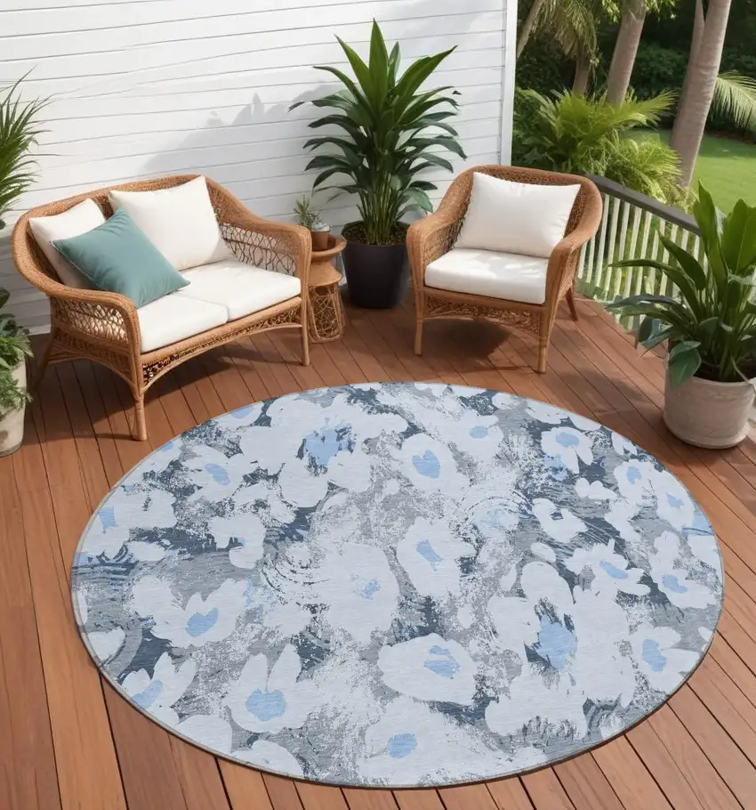 8' Round Denim Blue Round Floral Washable Non Skid Indoor Outdoor Area Rug Photo 1