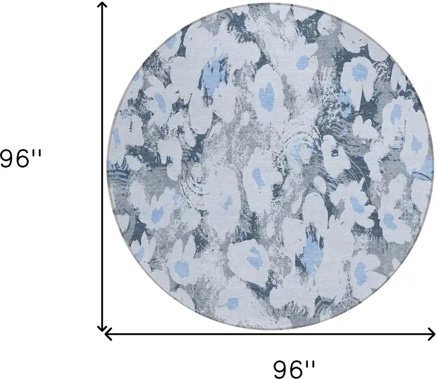 8' Round Denim Blue Round Floral Washable Non Skid Indoor Outdoor Area Rug Photo 3
