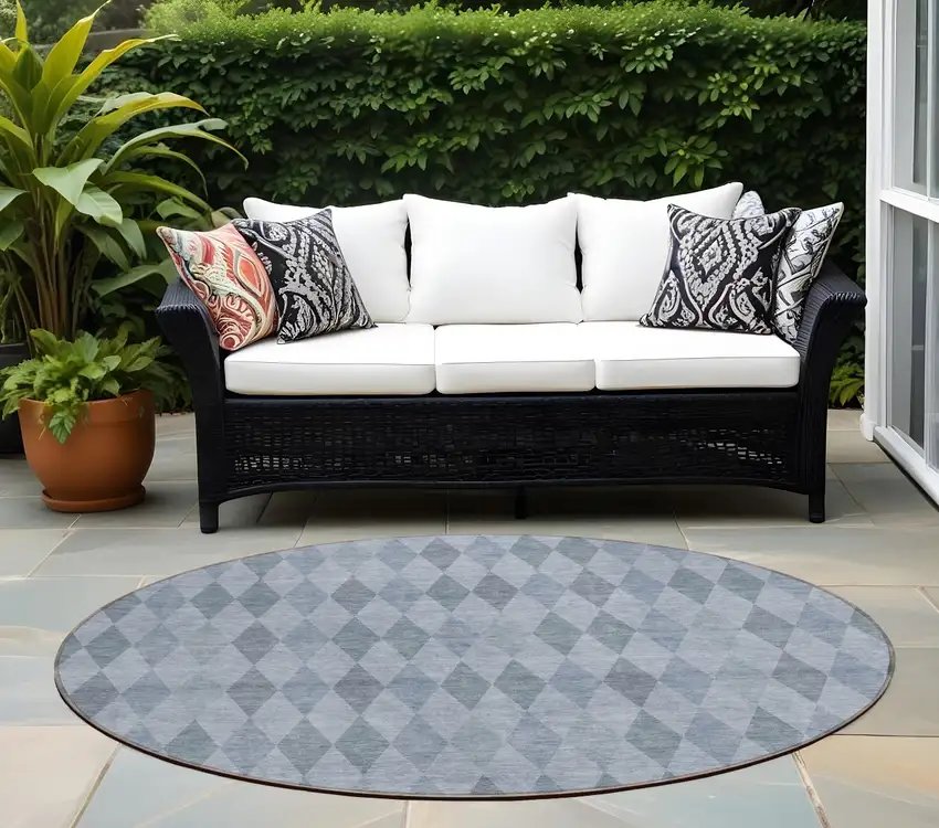 8' Round Denim Blue Round Geometric Washable Non Skid Indoor Outdoor Area Rug Photo 1