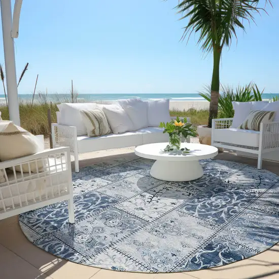 Denim Blue Round Patchwork Washable Non Skid Indoor Outdoor Area Rug Photo 7