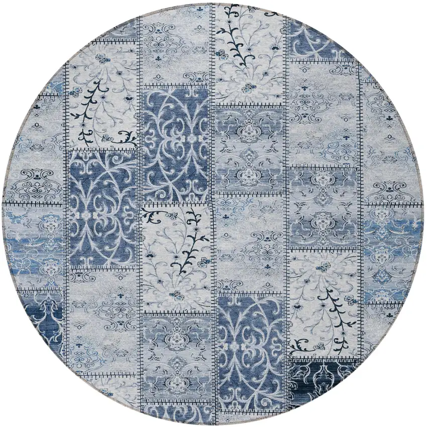Denim Blue Round Patchwork Washable Non Skid Indoor Outdoor Area Rug Photo 4