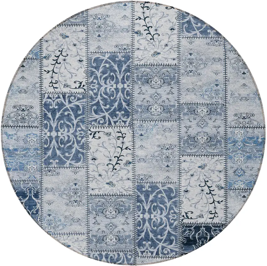 Denim Blue Round Patchwork Washable Non Skid Indoor Outdoor Area Rug Photo 4