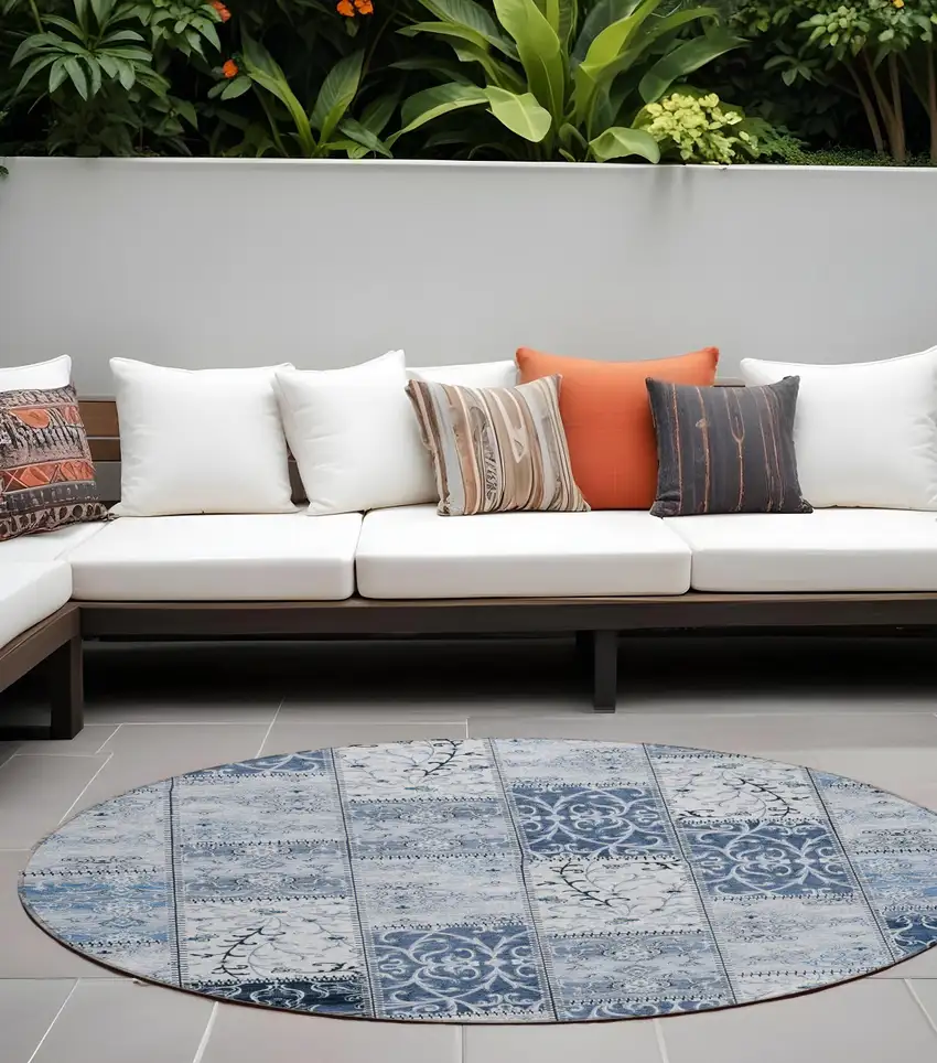 8' Round Denim Blue Round Patchwork Washable Non Skid Indoor Outdoor Area Rug Photo 1