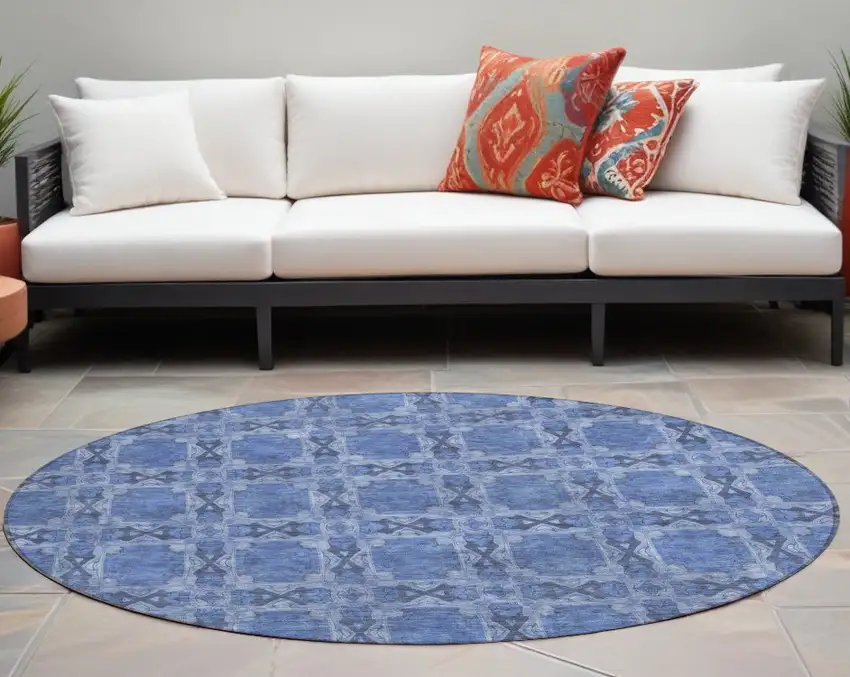 8' Round Denim Blue and Gray Round Floral Medallion Washable Non Skid Indoor Outdoor Area Rug Photo 1